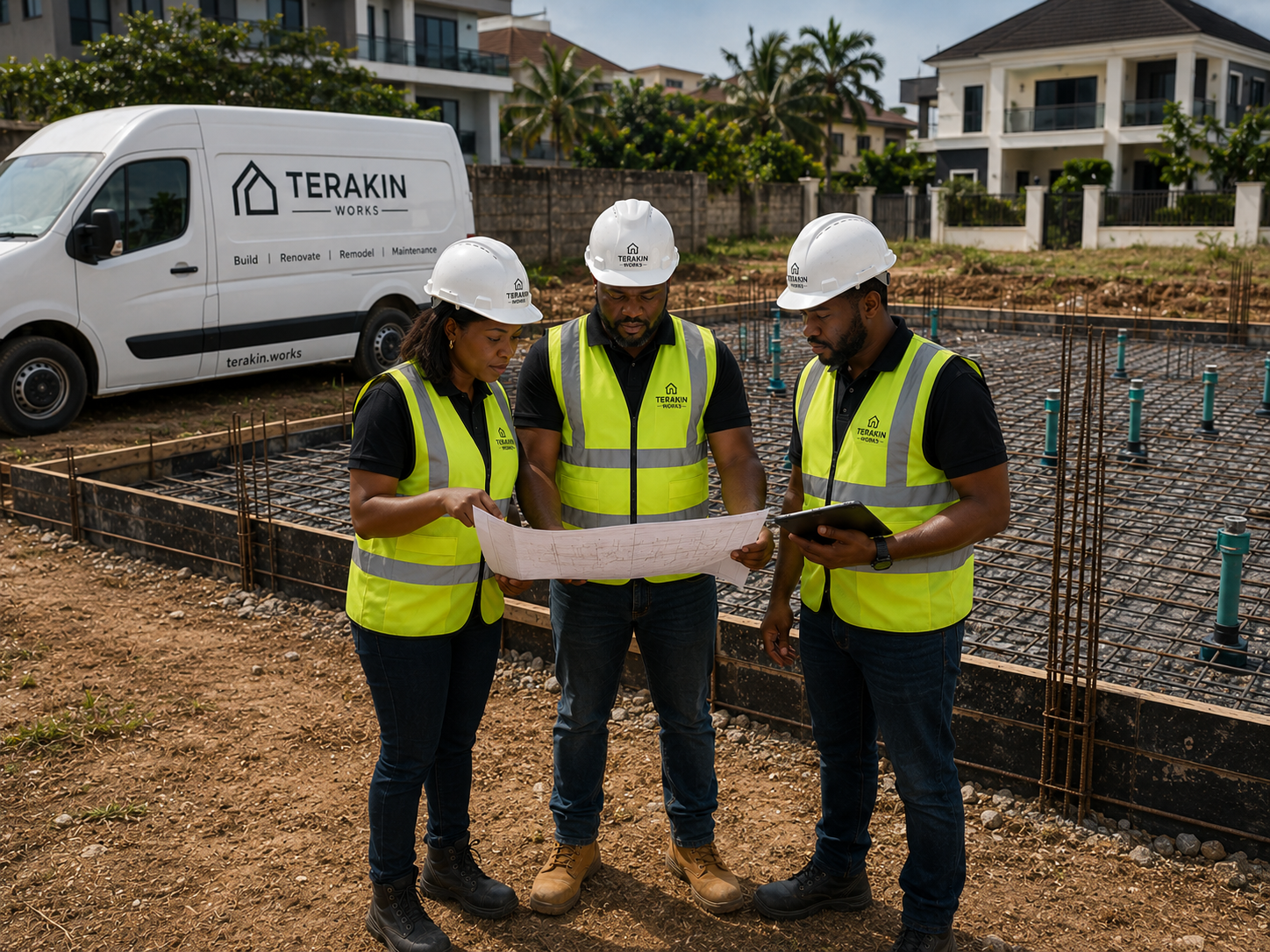 Terakin Works team reviewing plans on site